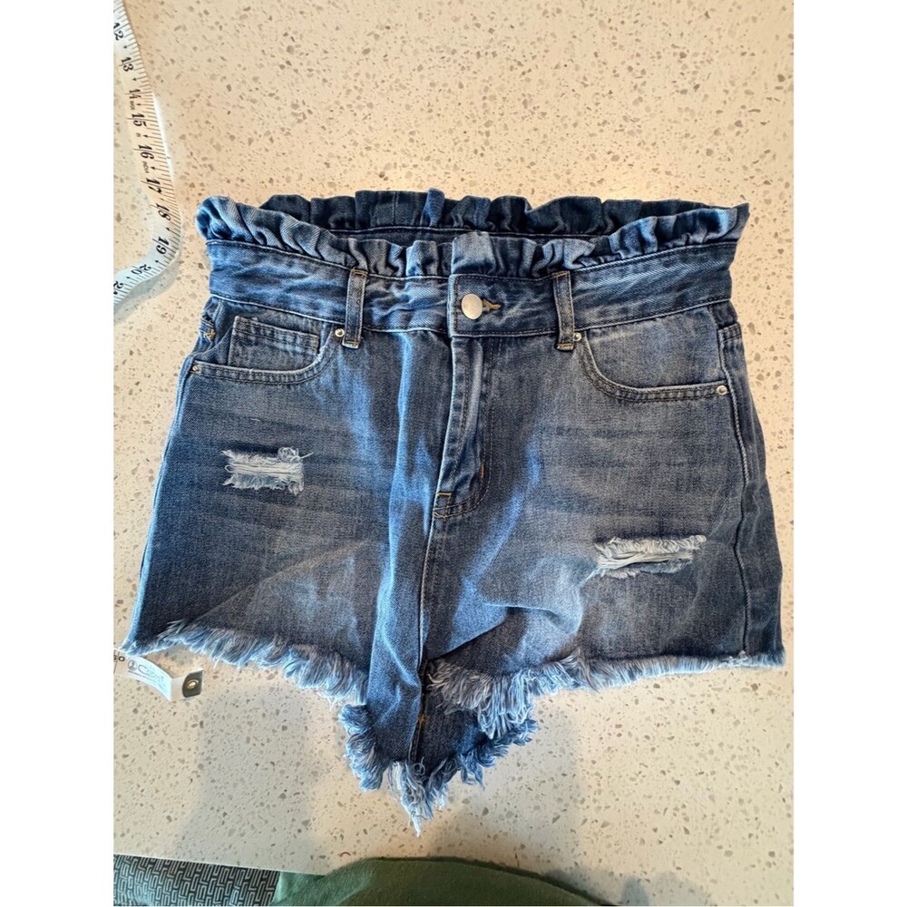 Hayden Distressed Paperbag Waist Jean Shorts - Blue M